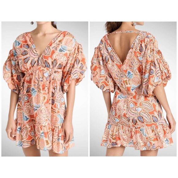 MISA Los Angeles Sari Floral Puff Sleeve Dress in Tangerine Floral Size S - Picture 1 of 9